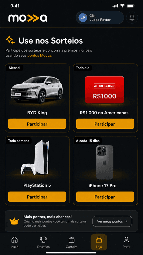 Tela de recompensas e sorteios do app Movva